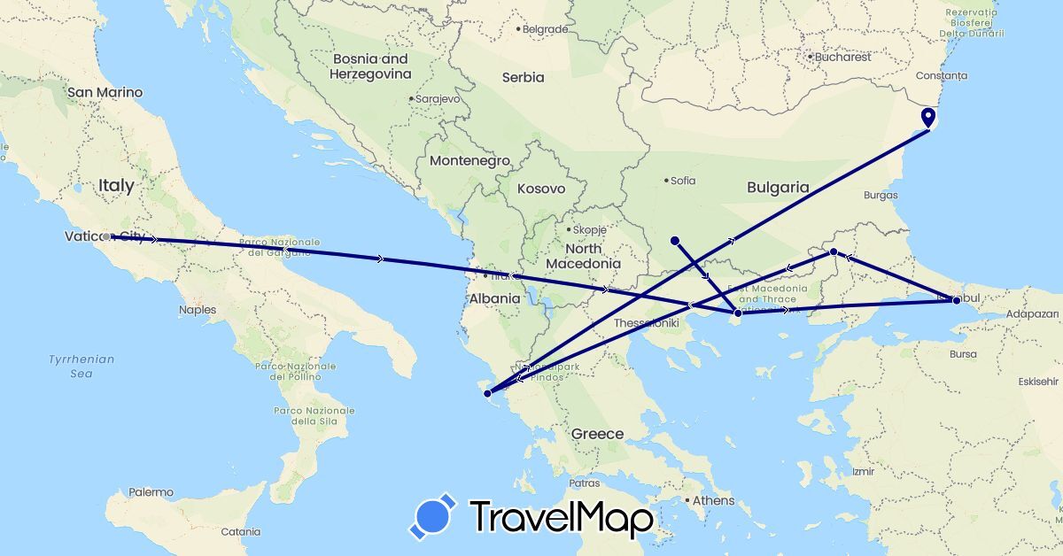 TravelMap itinerary: driving, plane in Bulgaria, Greece, Italy, Turkey (Asia, Europe)